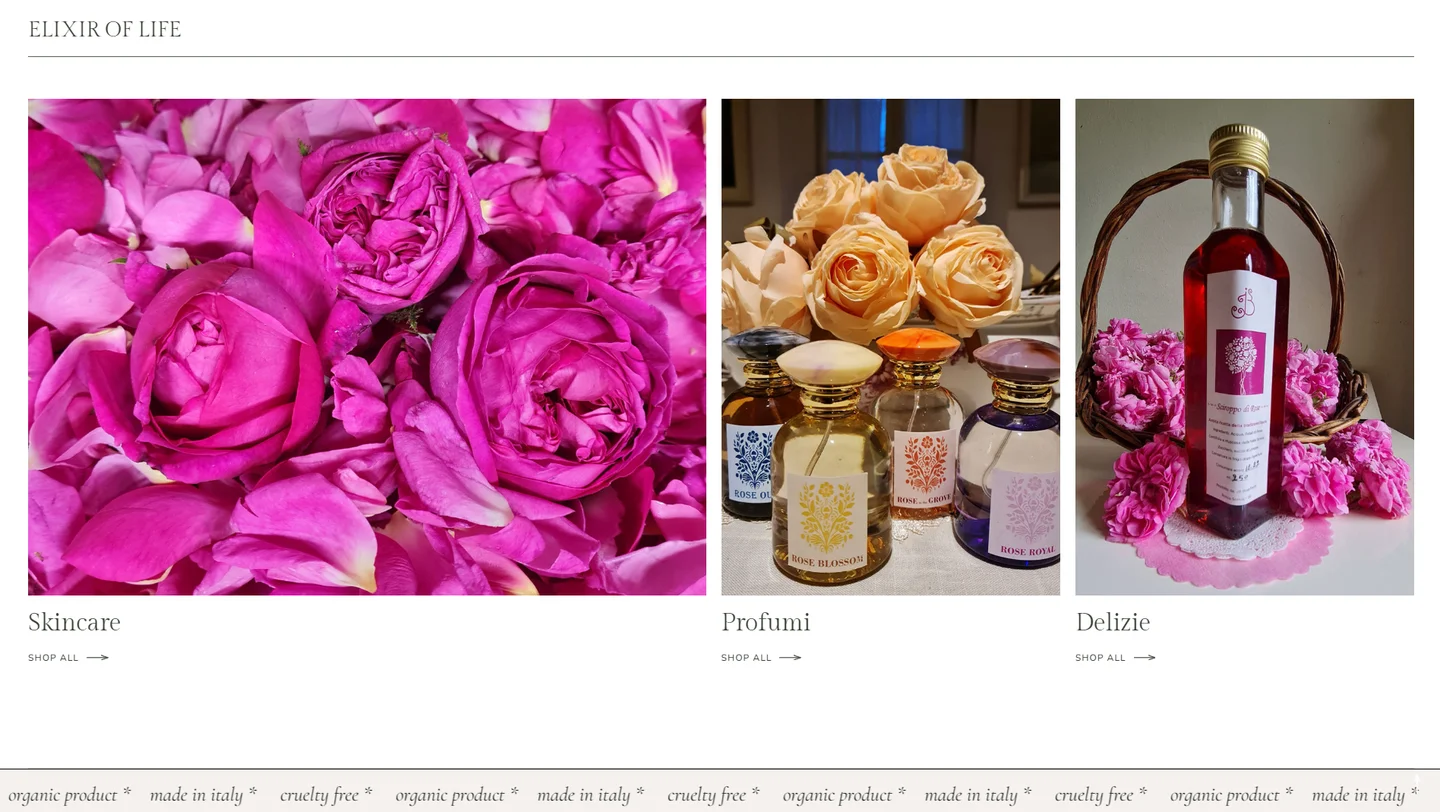 Sección Elixir of Life — las tres líneas de producto Skincare, Profumi y Delizie en la tienda JB Rose CosmEthic