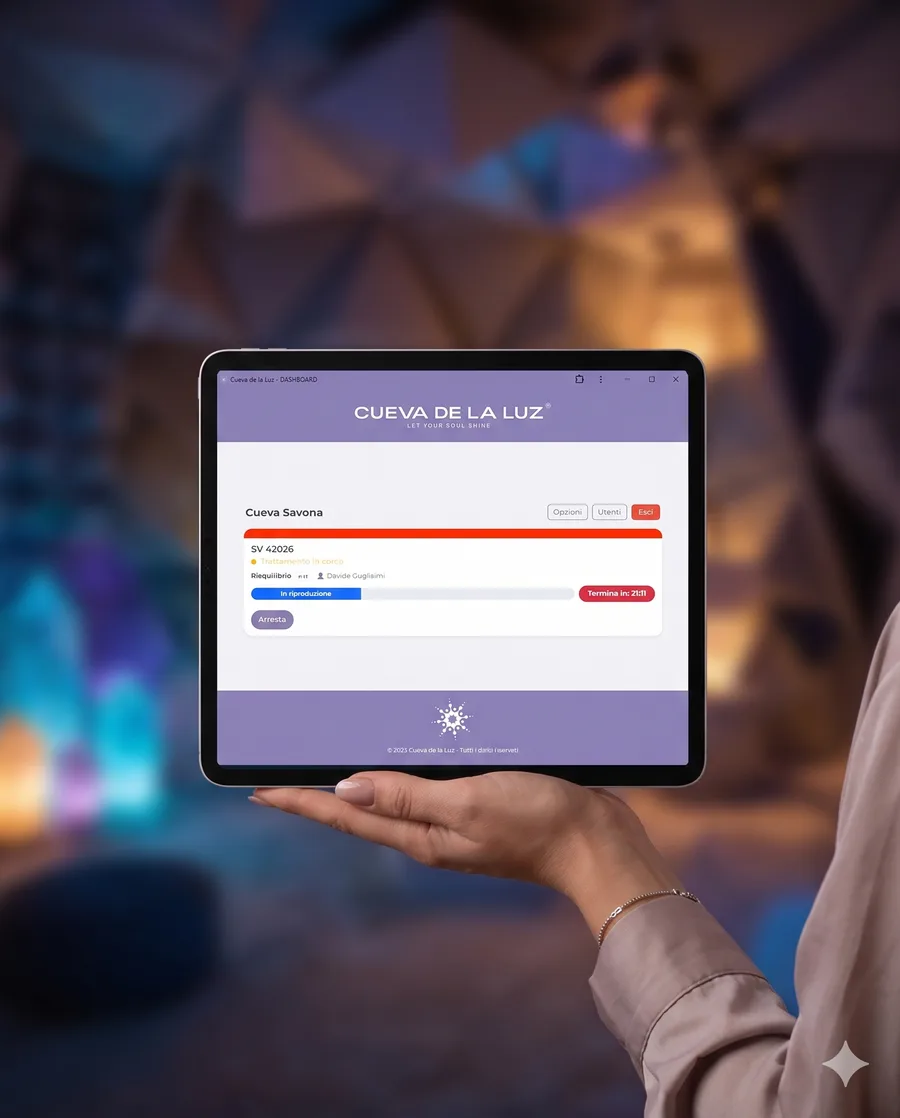 Software Cueva de la Luz en tablet — ambiente de colores
