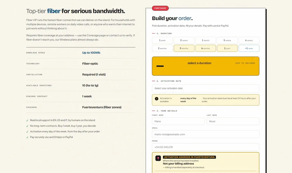 Configurador de pedido de Fuertewifi: duración, fecha de activación y datos