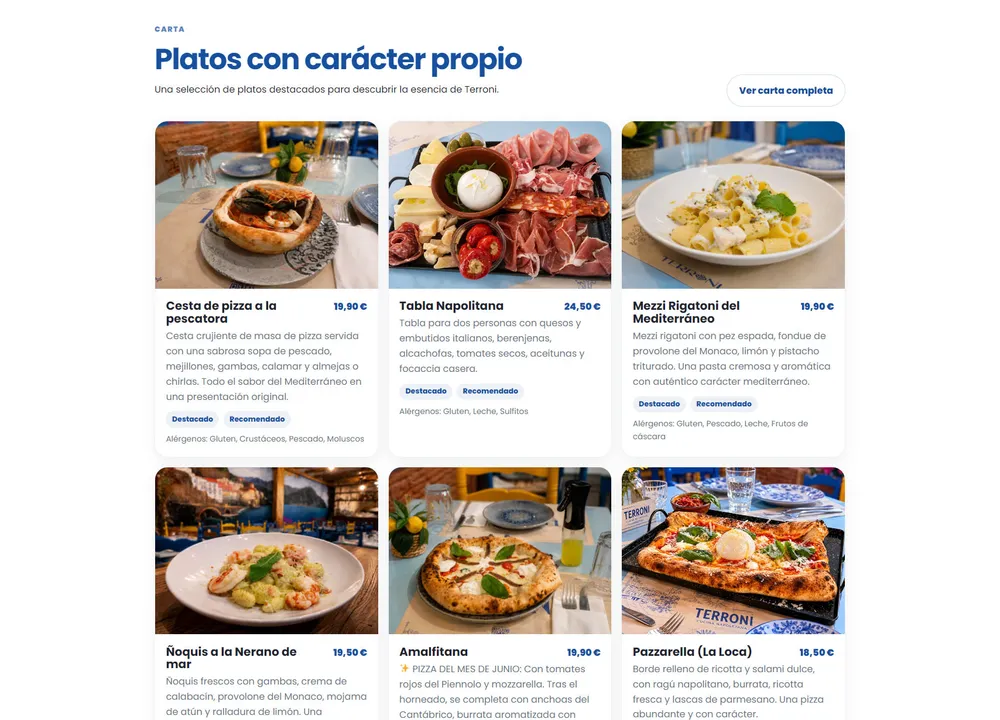 Carta de Terroni: platos con su fotografía, precio, sellos «Destacado» y alérgenos